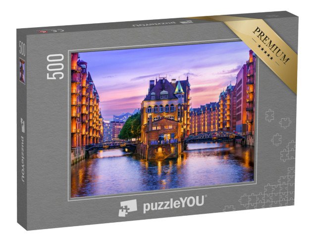 puzzle 500 dílků „Skladištní čtvrť za soumraku v hamburském přístavu, Hamburk“