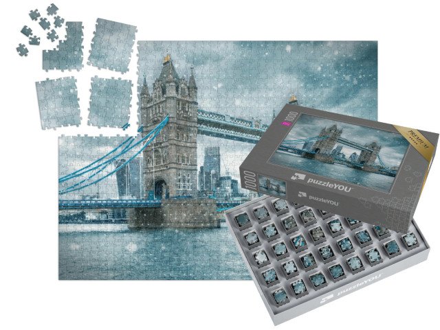 SMART SORTED® | Puzzle 1000 dílků „Sněhová bouře na Tower Bridge, Londýn, Anglie“