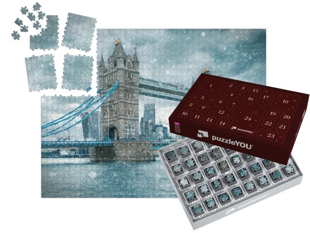 Adventní kalendář „Sněhová bouře na Tower Bridge, Londýn, Anglie“