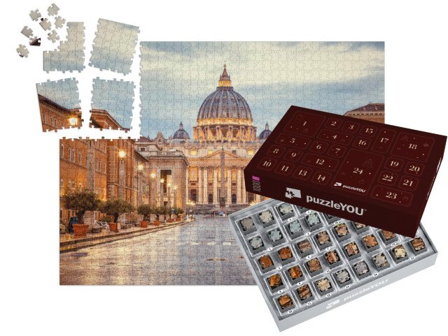 Adventní kalendář „Svatopetrská bazilika večer z Via della Conciliazione, Řím, Itálie“
