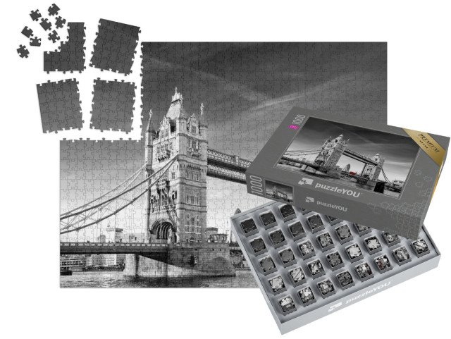 SMART SORTED® | Puzzle 1000 dílků „Tower Bridge s Okurkou a autobusem Routmaster, Londýn, Anglie“
