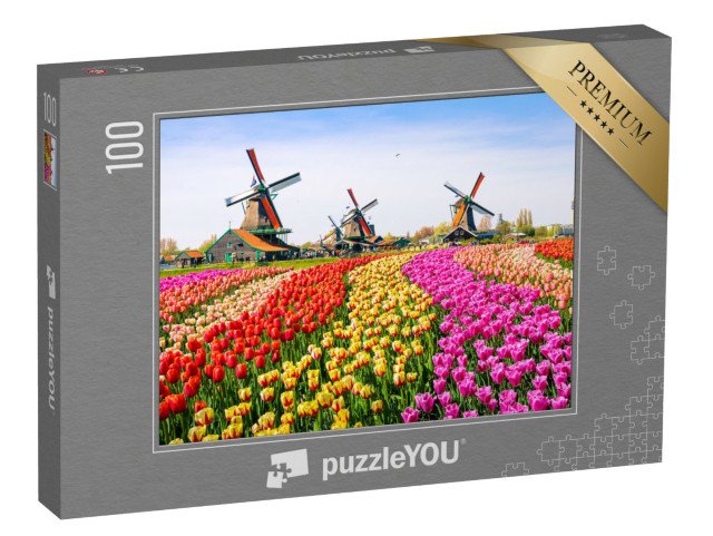 puzzle 100 dílků „Tulipány a větrné mlýny v Zaanse Schans, Nizozemsko“