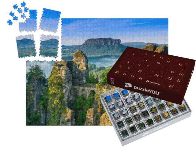 Adventní kalendář „Východ slunce na Bastei v Saském Švýcarsku, Německo“