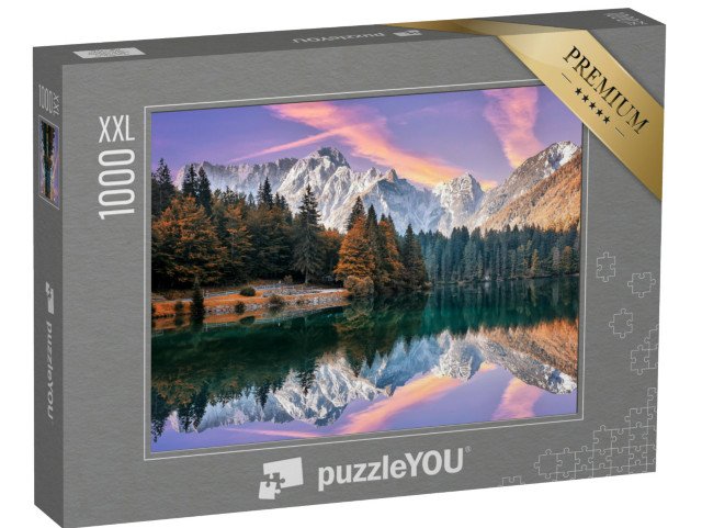 puzzle 1000 dílků XXL „Východ slunce na podzim u jezera Fusine, Itálie“