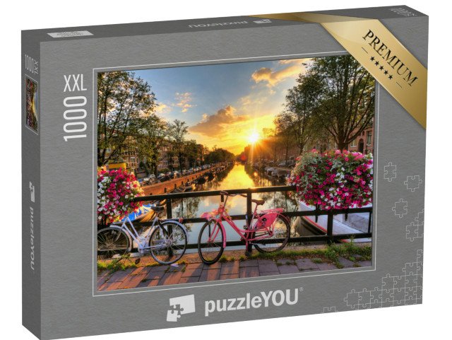 puzzle 1000 dílků XXL „Východ slunce nad Amsterdamem s květinami a koly, Holandsko“