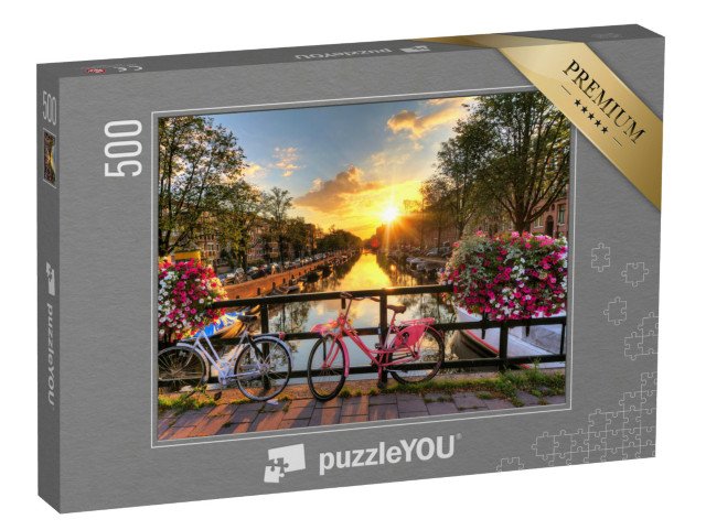 puzzle 500 dílků „Východ slunce nad Amsterdamem s květinami a koly, Holandsko“