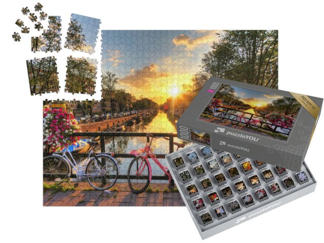 SMART SORTED® | Puzzle 1000 dílků „Východ slunce nad Amsterdamem s květinami a koly, Holandsko“