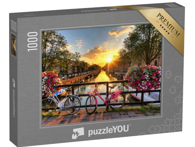 puzzle 1000 dílků „Východ slunce nad Amsterdamem s květinami a koly, Holandsko“