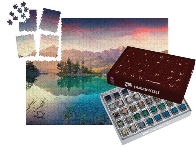 Adventní kalendář „Východ slunce u Eibsee, německé Alpy“