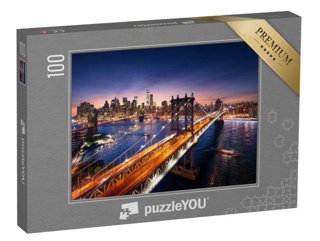 puzzle 100 dílků „Západ slunce nad Manhattanem a Brooklynským mostem, New York, USA“
