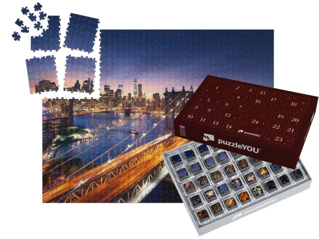 Adventní kalendář „Západ slunce nad Manhattanem a Brooklynským mostem, New York, USA“
