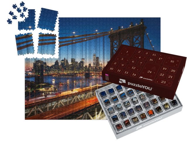 Adventní kalendář „Západ slunce nad Manhattanem s Brooklynským mostem, New York, USA“