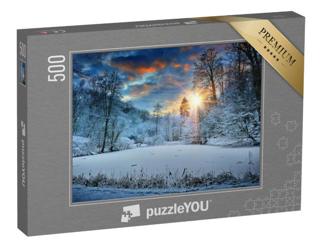 puzzle 500 dílků „Západ slunce nad zimním lesním jezerem“