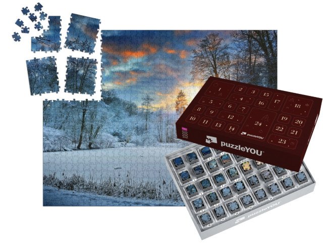 Adventní kalendář „Západ slunce nad zimním lesním jezerem“