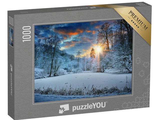 puzzle „Západ slunce nad zimním lesním jezerem“