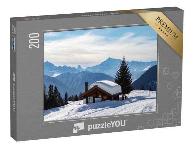 puzzle 200 dílků „Zasněžená horská chata ve švýcarských Alpách“