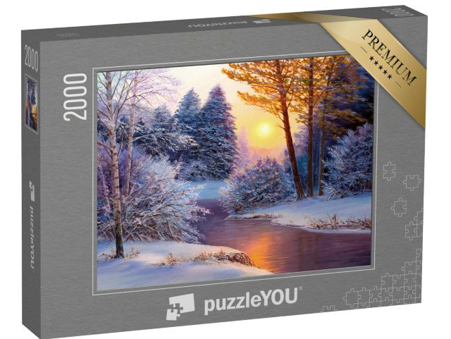 puzzle 2000 dílků „Zimní krajina s řekou, olejomalba“
