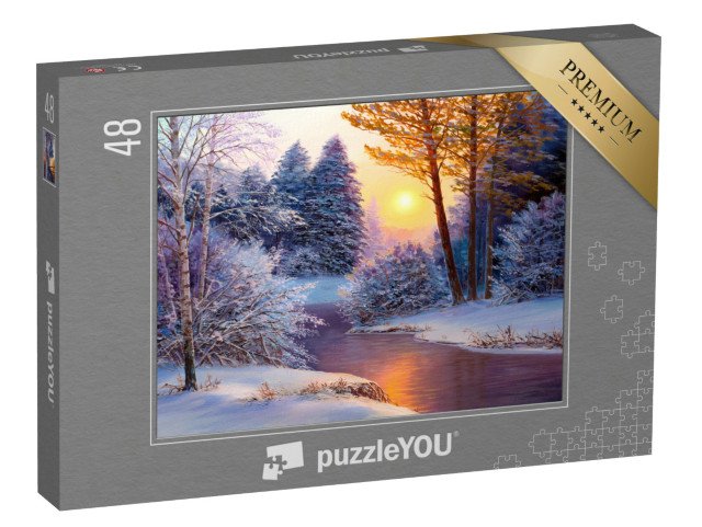 puzzle 48 dílků „Zimní krajina s řekou, olejomalba“
