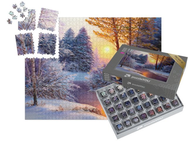 SMART SORTED® | Puzzle 1000 dílků „Zimní krajina s řekou, olejomalba“