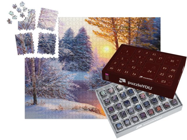 Adventní kalendář „Zimní krajina s řekou, olejomalba“