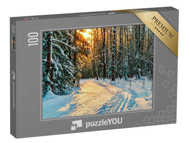 puzzle 100 dílků „Zimní lesní cesta v zasněženém lese s jedlemi“