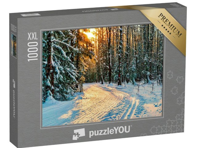 puzzle 1000 dílků XXL „Zimní lesní cesta v zasněženém lese s jedlemi“