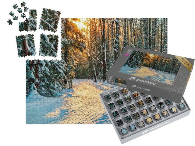 SMART SORTED® | Puzzle 1000 dílků „Zimní lesní cesta v zasněženém lese s jedlemi“