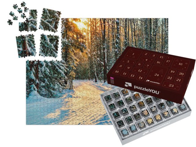 Adventní kalendář „Zimní lesní cesta v zasněženém lese s jedlemi“