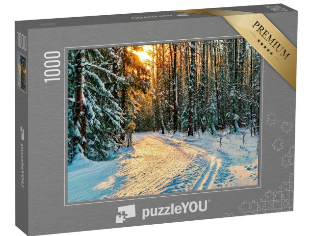 puzzle 1000 dílků „Zimní lesní cesta v zasněženém lese s jedlemi“