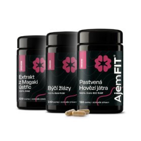 AjemFIT Balíček pro Špičkový Výkon - 100% ČISTÉ RAW BÝČÍ ŽLÁZY - 80/240 kapslí (28g/84g) + 100% ČISTÁ BIO RAW HOVĚZÍ JÁTRA - 60/180 kapslí (30g/90g) + 100% ČISTÝ EXTRAKT Z ÚSTŘIC MAGAKI (Japonsko) - 120 kapslí (36g)
