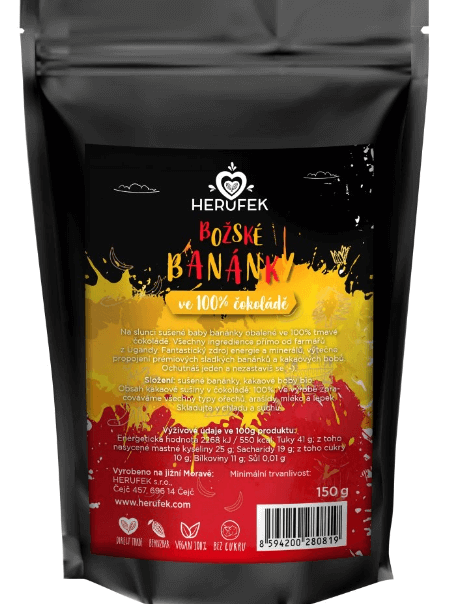 HERUFEK Božské Banánky Ve 100% Čokoládě (bez přísad) -150g/1500g (Uganda)
