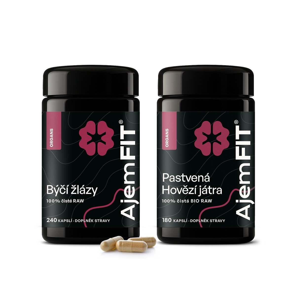 AjemFIT Balíček pro Podporu Síly -100% ČISTÉ RAW BÝČÍ ŽLÁZY - 80/240 kapslí + BIO Raw Hovězí Játra - 60/180 kapslí