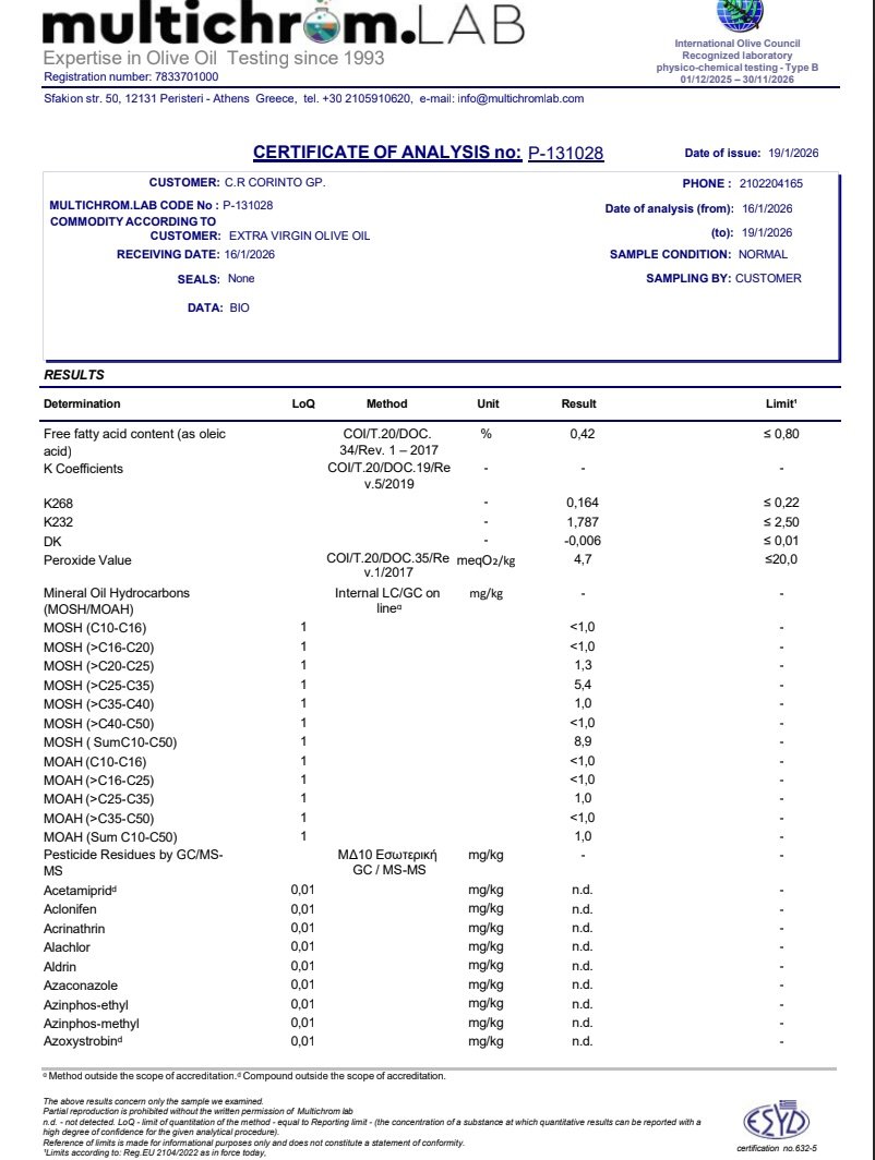 CORINTO Peloponés BIO Extra panenský olivový olej (MANAKI) 0,4% 5 l – plech - Obrázek 3