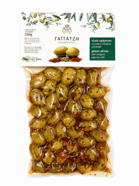 Gaitatzi zelené olivy s peckou ochucené oreganem, paprikou a chilli vakuum 250 g