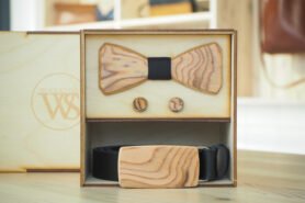 Wood Style Set Hranatý Kořenice -  opasek,motýlek a manžetové knoflíčky Obvod pasu: 120, Barva středu: Černá