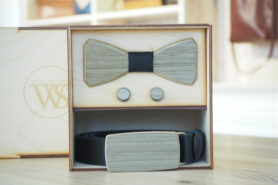 Wood Style Set Hranatý Šedé hedvábí -  opasek,motýlek a manžetové knoflíčky Obvod pasu: 120, Barva středu: Černá