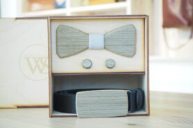 Wood Style Set Hranatý Šedé hedvábí -  opasek,motýlek a manžetové knoflíčky Obvod pasu: 95, Barva středu: Šedá