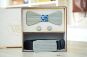 Wood Style Set Hranatý Šedé hedvábí -  opasek,motýlek a manžetové knoflíčky Obvod pasu: 85, Barva středu: WS Modrotisk