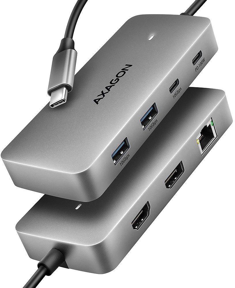 AXAGON HMC-CUB83X2, 7-in-1 Hub, USB-C 10Gbps, 2x USB-A, 1x USB-C, HDMI & DP 4k/144Hz, RJ-45, PD 100W