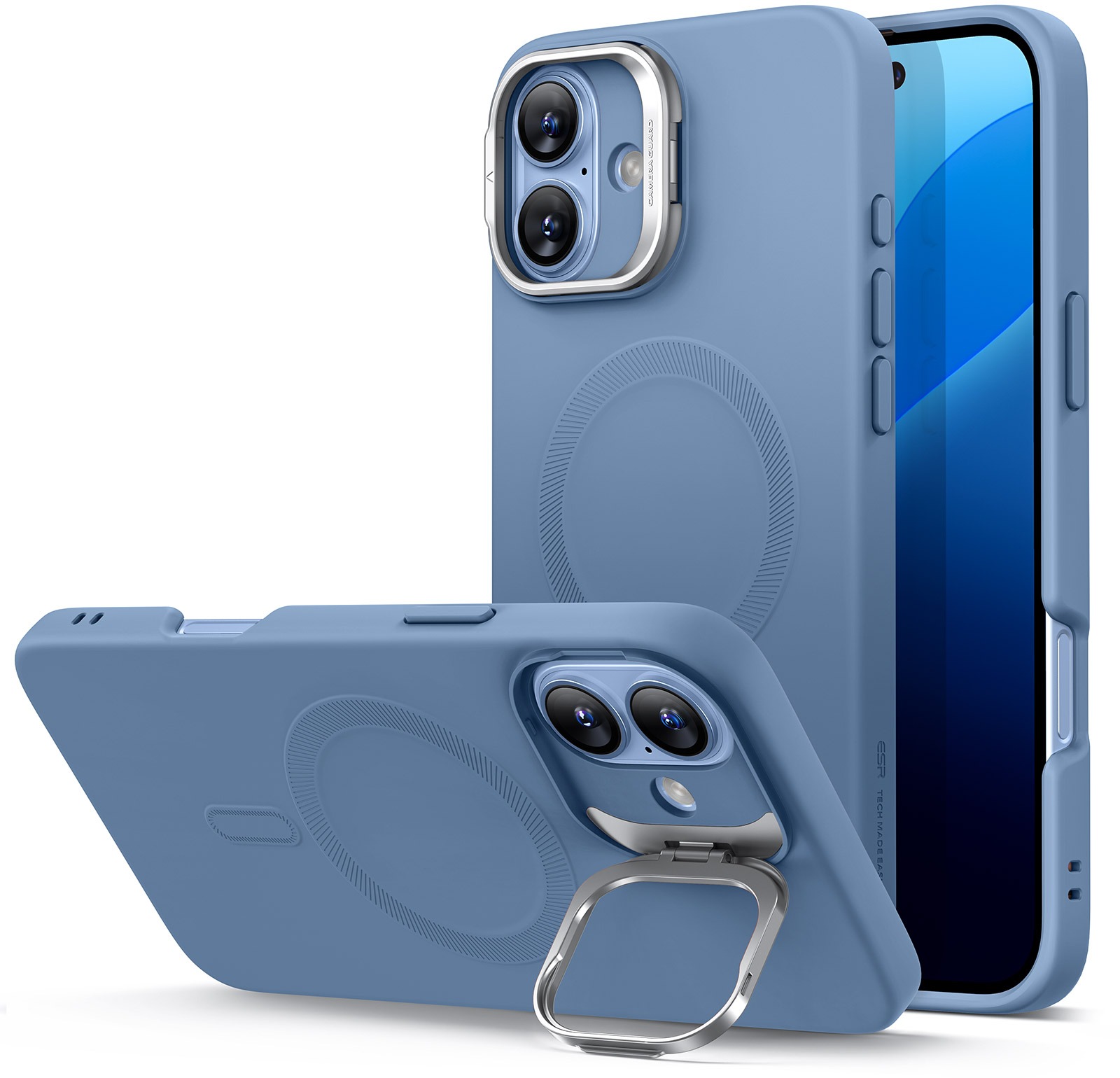 ESR Cloud Soft Case with Stash Stand (HaloLock), Compatible with iPhone 16 Plus, Light Blue