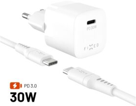FIXED Mini GaN s USB-C výstupem a USB-C/USB-C kabelu 1.2m podpora PD 30W bílý
