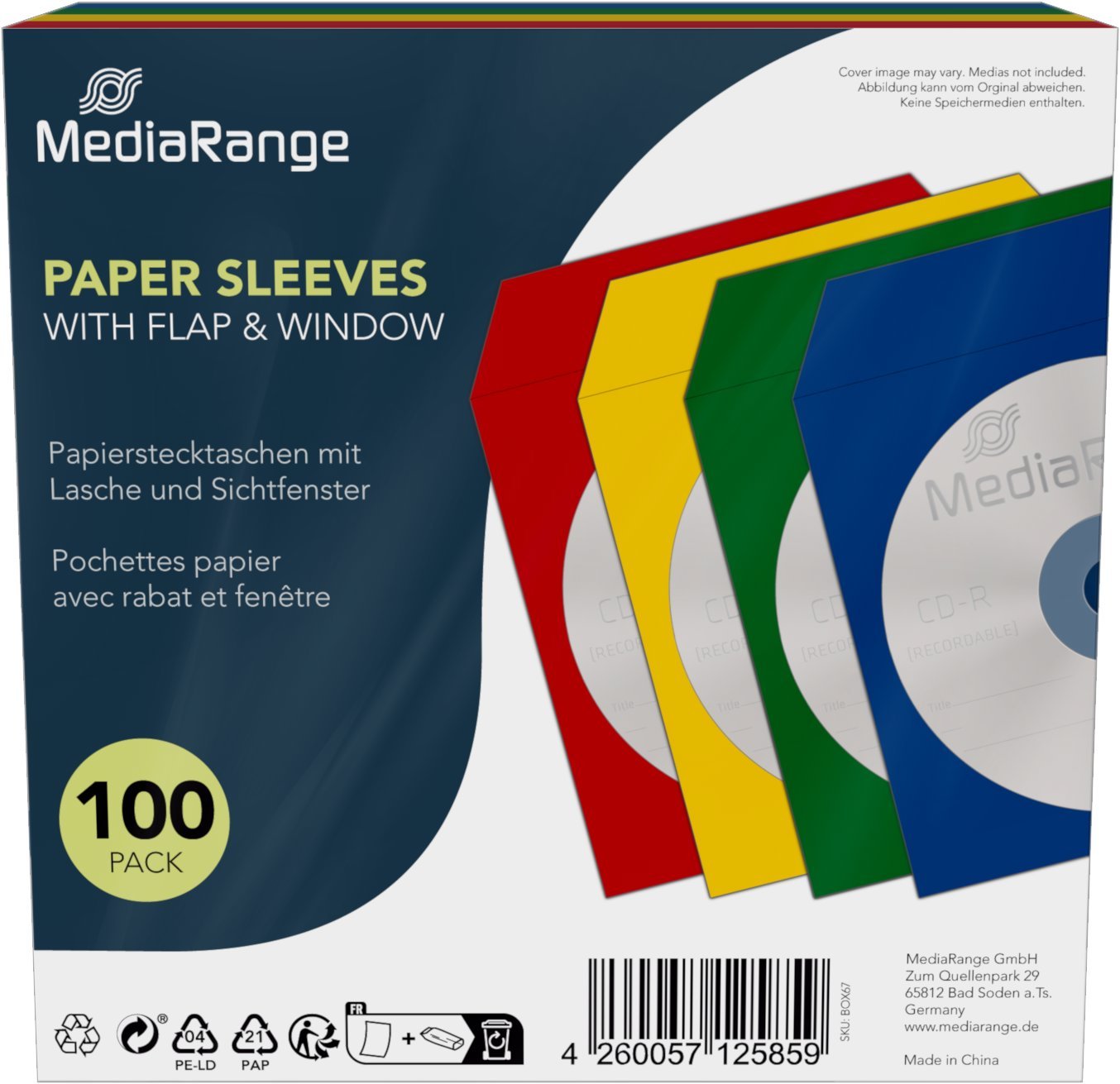 MEDIARANGE papírová obálka s klopou a okénkem (25 x 4 barvy), 100 ks