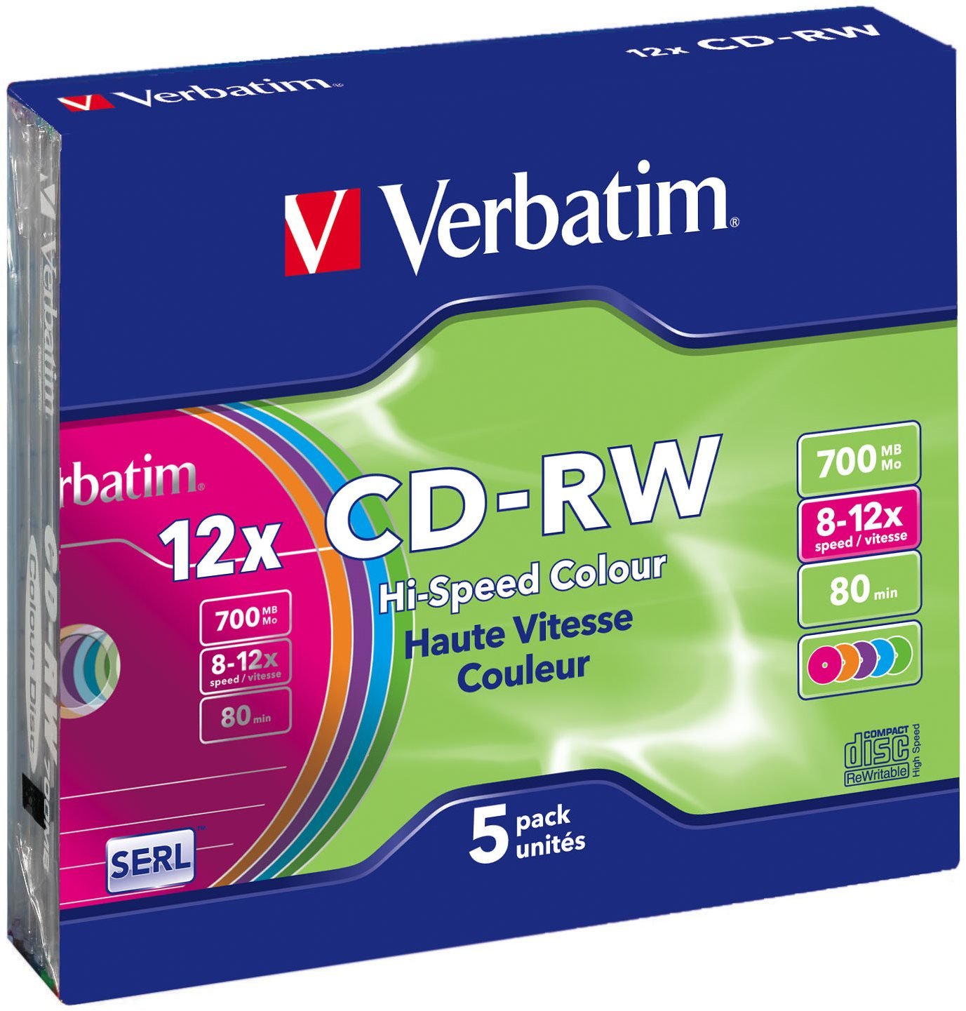 VERBATIM CD-RW SERL 700MB, 12x, colour, slim case 5 ks