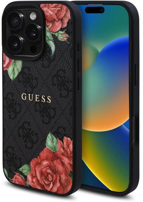 Guess PU Leather 4G Roses MagSafe Zadní Kryt pro iPhone 16 Pro Black