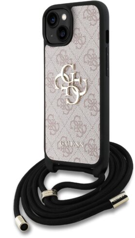 Guess PU 4G Metal Logo Crossbody Popruh Zadní Kryt pro iPhone 15 Pink