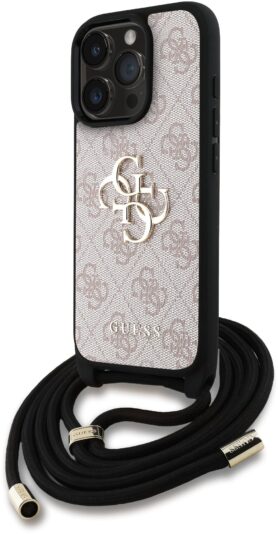 Guess PU 4G Metal Logo Crossbody Popruh Zadní Kryt pro iPhone 15 Pro Max Pink