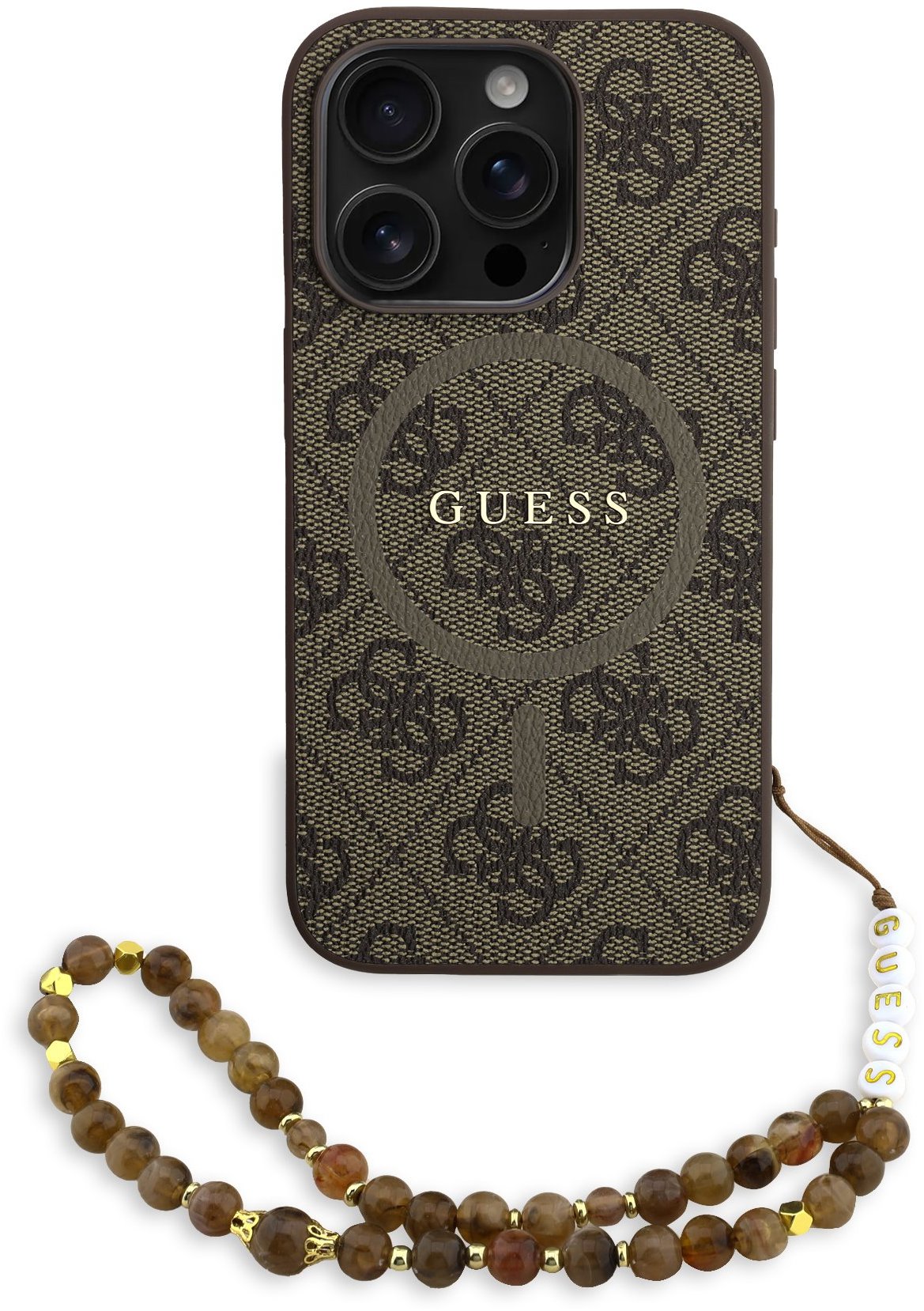 Guess PU Leather 4G Colored Ring Strap MagSafe Zadní Kryt pro iPhone 15 Pro Max Brown