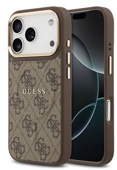 Guess PU Leather 4G Gold Frame MagSafe Zadní Kryt pro iPhone 17 Pro Brown