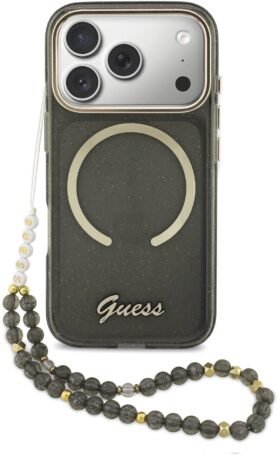 Guess IML Glitter Script Strap MagSafe Zadní Kryt pro iPhone 17 Pro Black