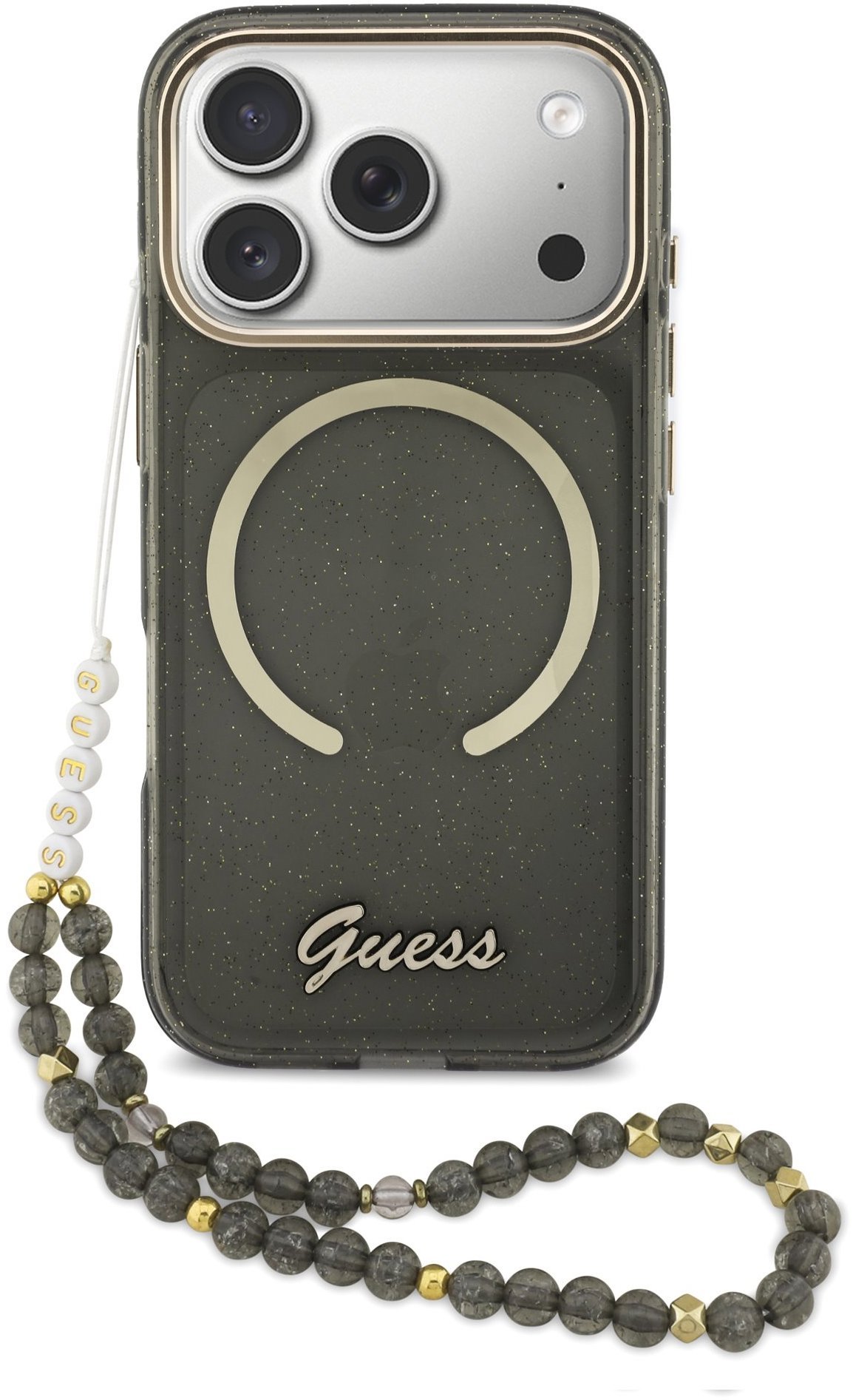 Guess IML Glitter Script Strap MagSafe Zadní Kryt pro iPhone 17 Pro Black